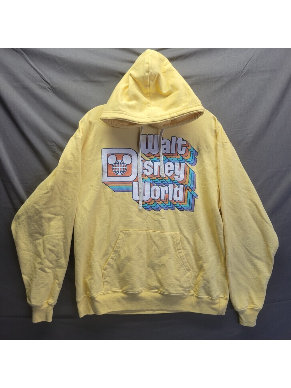 Vintage Walt Disney World Retro 70s Logo Yellow Hoodie Sweatshirt Mens M